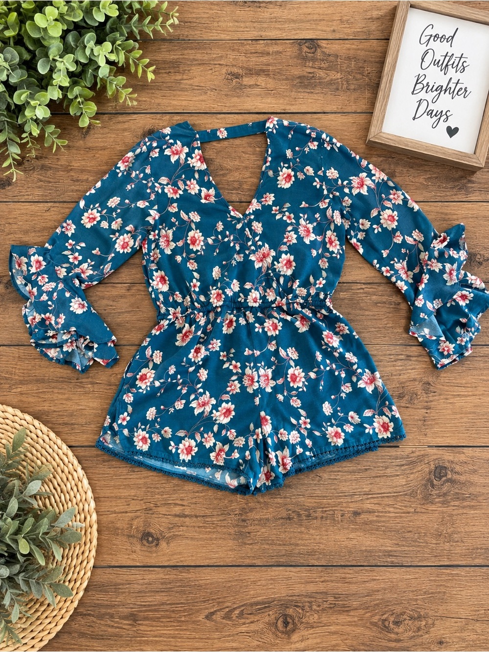 Jessica Simpson Teal Floral Long-Sleeve V-Neck Bodysuit Romper